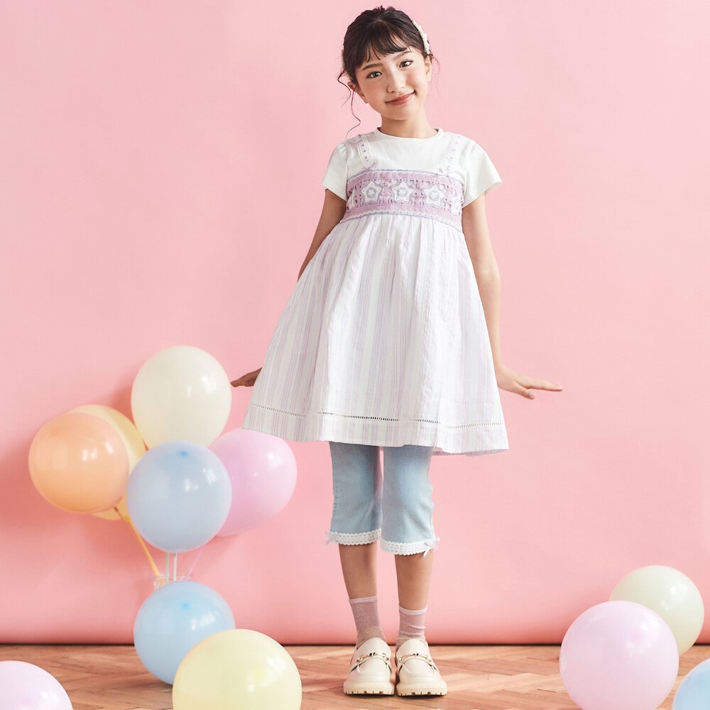 【お揃い】かぎ編み風レースビスチェドッキング天竺ワンピース(80~130cm) パープル系 80cm