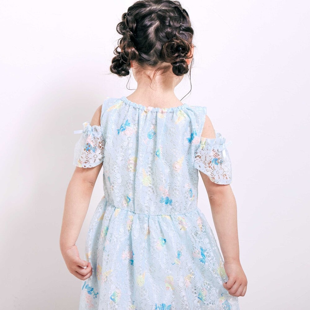 【お揃い】花柄レースアイス総柄肩明きワンピース(90~130cm) ブルー系 90cm