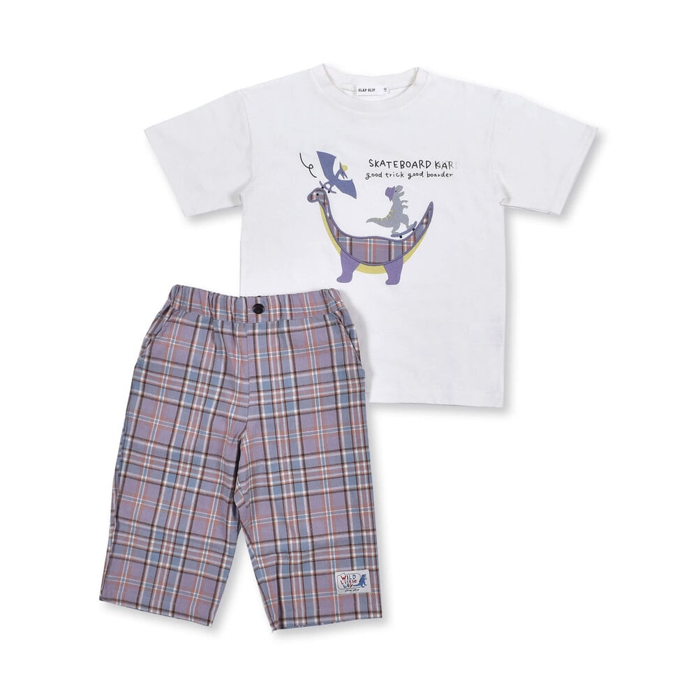 【 ママ想い 】 恐竜 プリント Tシャツ + チェック 6分丈パンツ セット (80~130cm) ホワイト 130cm