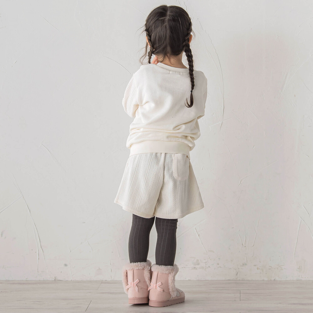 きらめくグリッタープリント切り替えトレーナー+ケーブル編みチェックショートパンツ2点セット(80~130cm) オフホワイト 80cm