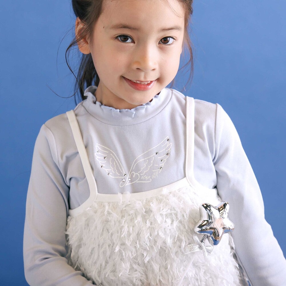 キラキラモチーフ長袖Tシャツ+ファーキャミワンピセット(90~130cm) 薄ブルー×オフホワイト 90cm