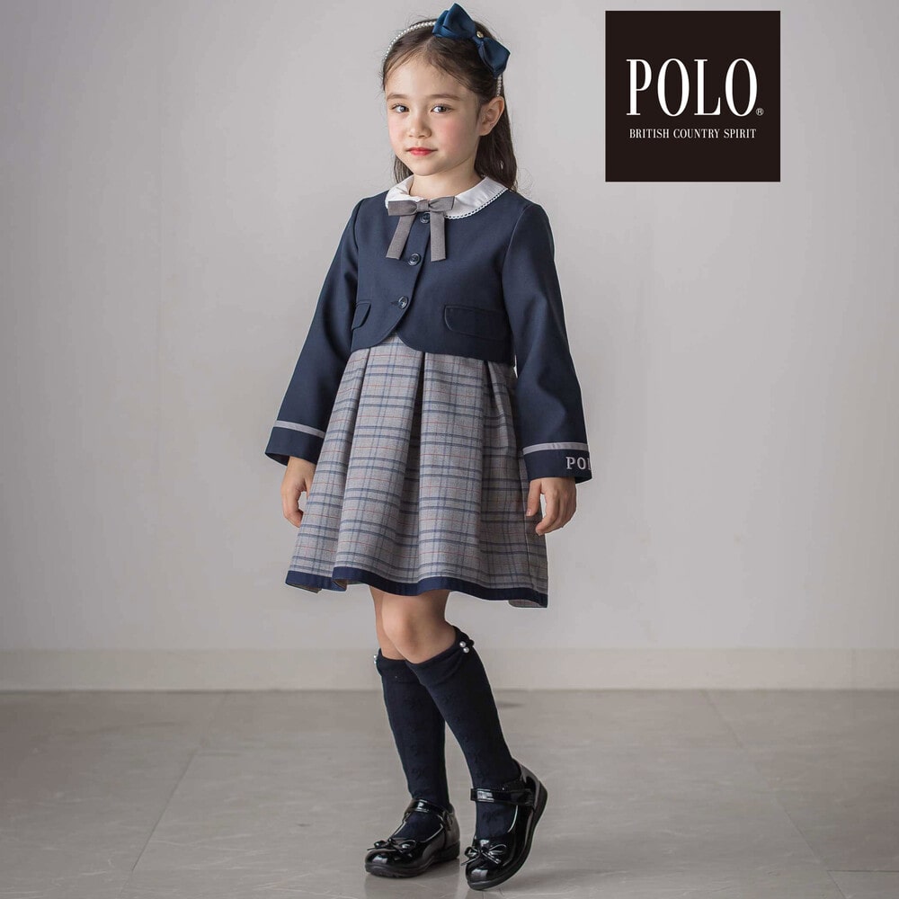 【POLO BCS(ポロ・ビーシーエス)×SLAP SLIPコラボ】袖切り替えジャケット+襟リボン付きチェックワンピース(110~130cm) ベージュ系 110cm