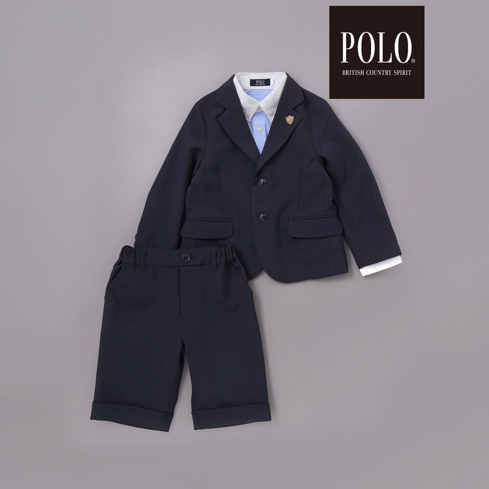【POLO BCS(ポロ・ビーシーエス)×SLAP SLIPコラボ】無地チェックスーツ+シャツ3点セット(110~130cm) ネイビー 110cm