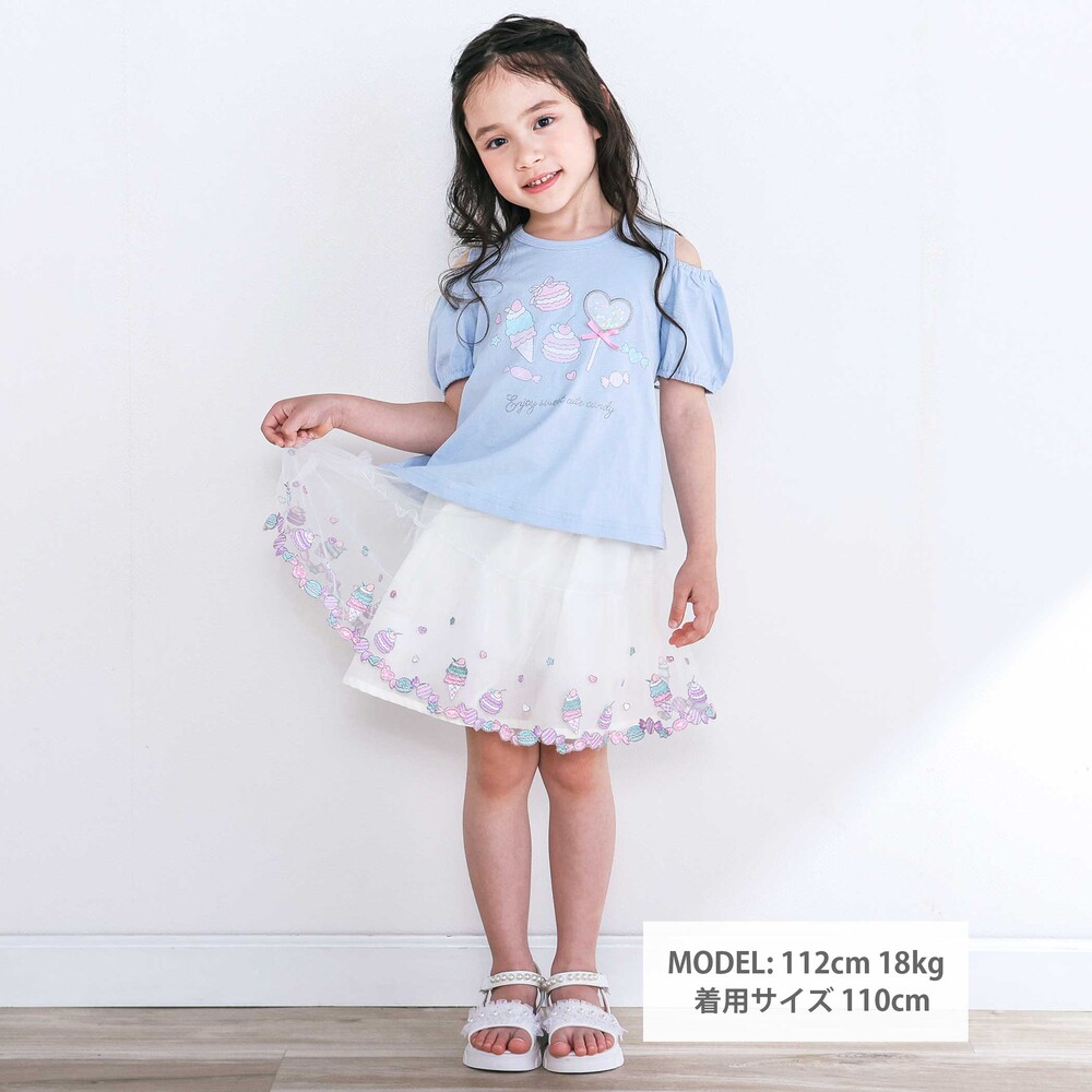 スイーツ刺しゅう肩開き半袖Tシャツ&スカパンセットアップ(80~130cm) ホワイト 80cm