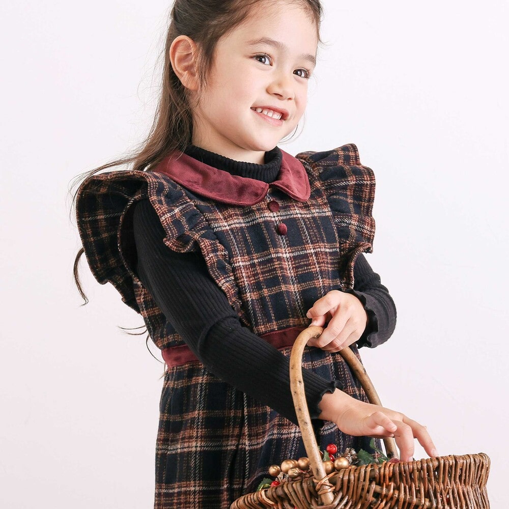 【お揃い】襟付きタックスカートチェックジャンパースカート(90~130cm) ボルドー×ネイビー系 90cm