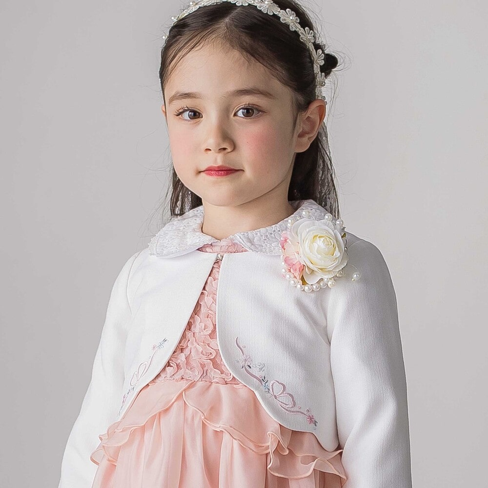 袖折り返しレース刺しゅう裾スカラップボレロ(110~130cm) ネイビー 110cm