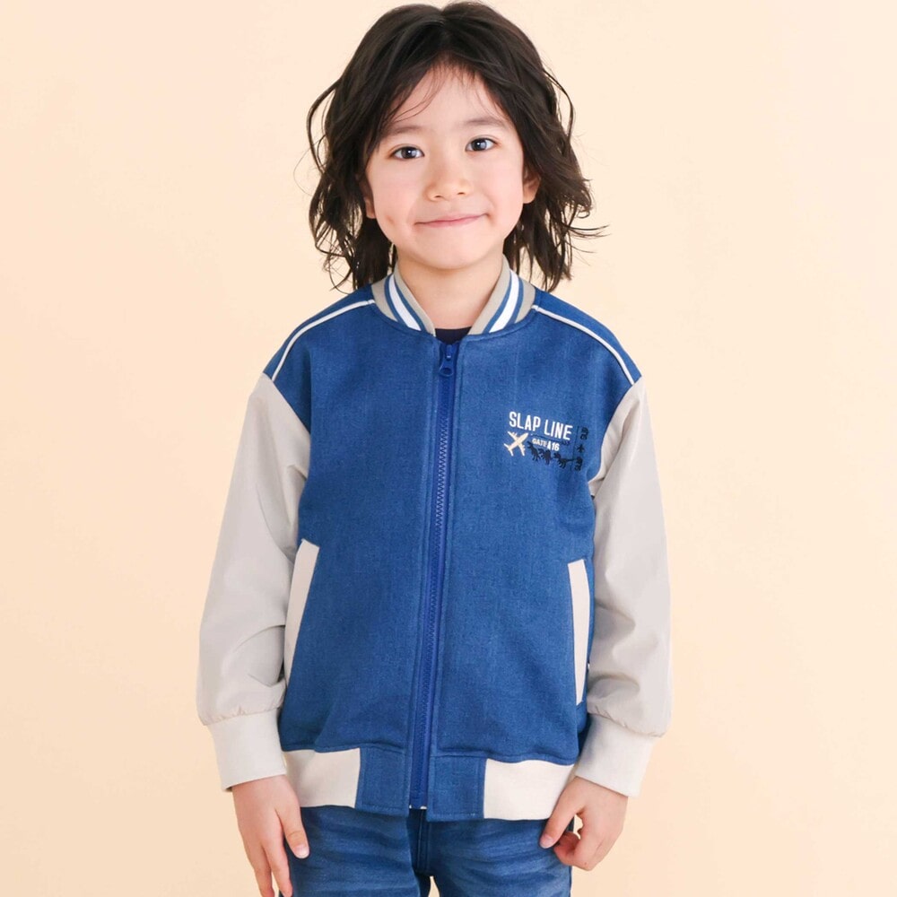 恐竜ロゴ刺しゅうデニム風ニットスタジャン(90~130cm) ブルー 90cm