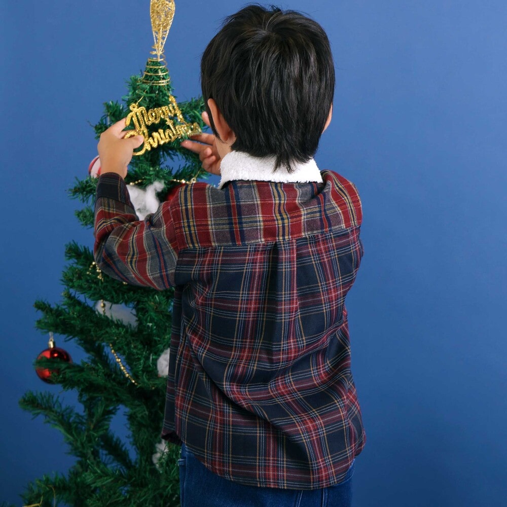 【お揃い】もこもこボア襟切り替えチェックシャツ(90~130cm) ネイビー×レッド系 90cm