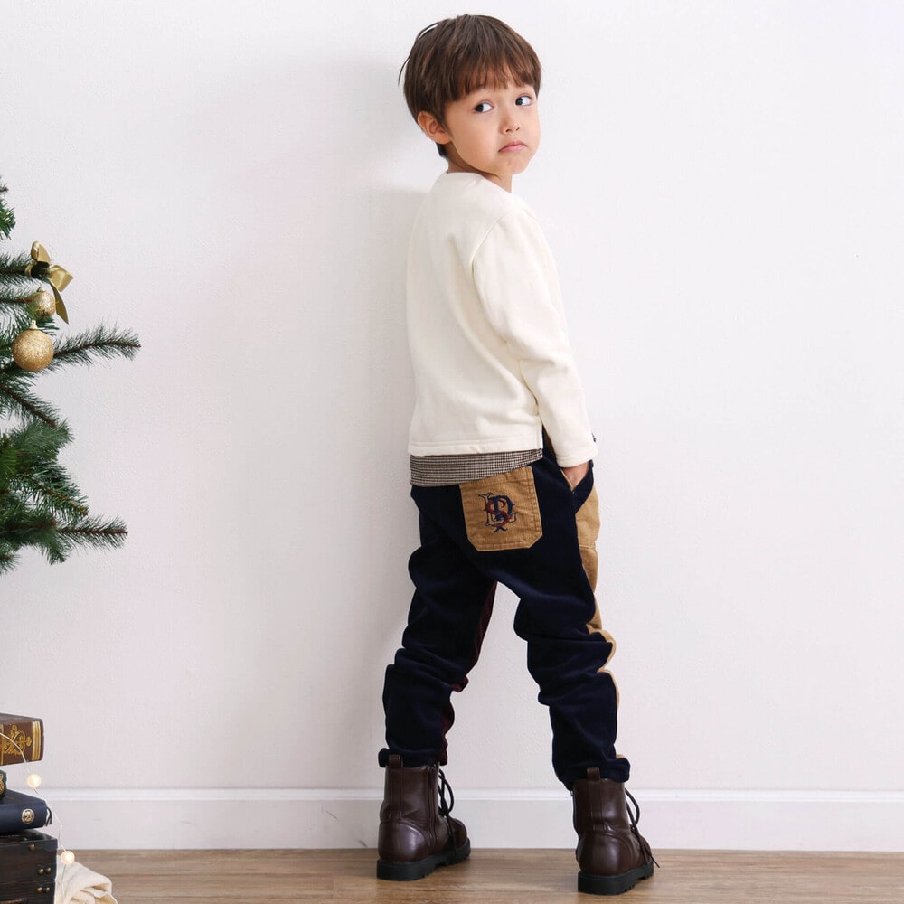 【お揃い】裏起毛チェック切り替えアルファベット刺しゅうトレーナー(80~130cm) オフホワイト 80cm