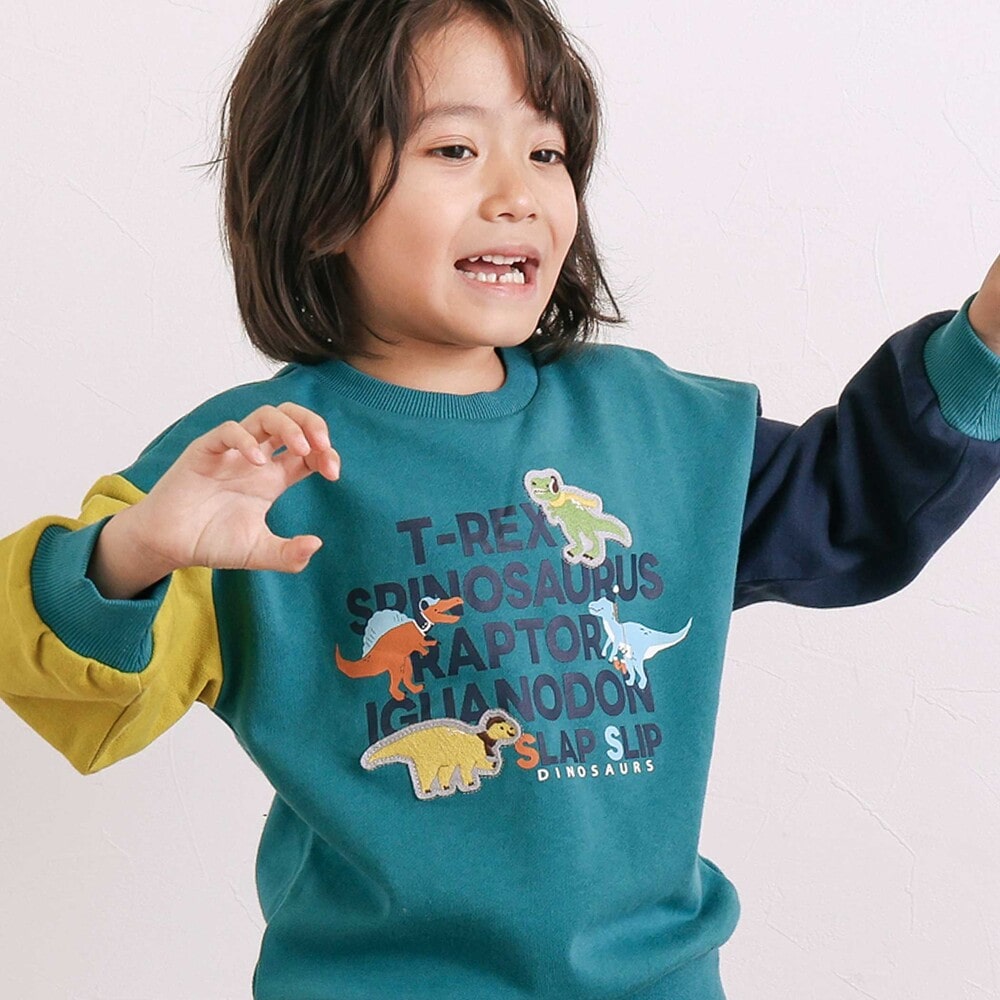 袖配色恐竜ごちそうモチーフトレーナー(80~130cm) グリーン系 80cm