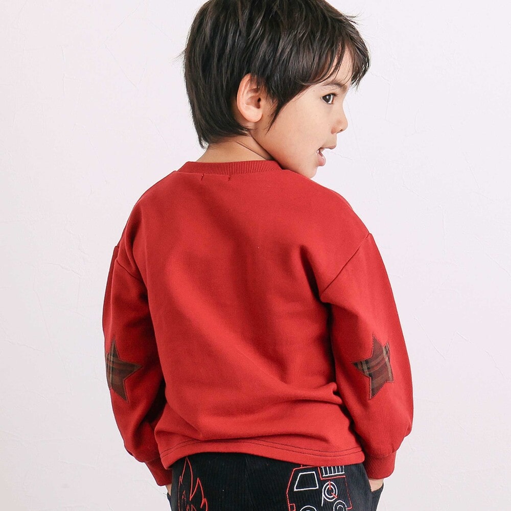 はたらくくるま発泡プリント星パッチナンバリングバイカラートレーナー(80~130cm) レッド×ネイビー 80cm