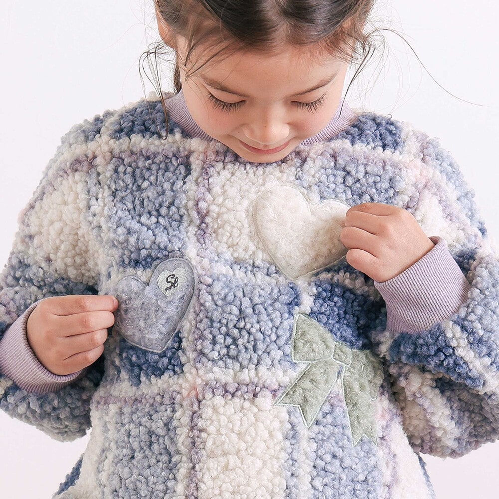 ハートリボンキラキラボアパッチもこもこチェックトレーナー(80~130cm) ブルー系 80cm