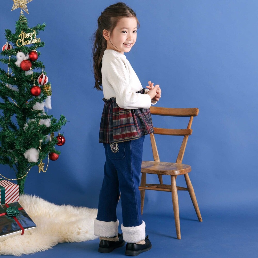 【お揃い】ハートいっぱい刺しゅうモチーフ切り替えチェックドッキングトレーナー(80~130cm) オフホワイト 80cm