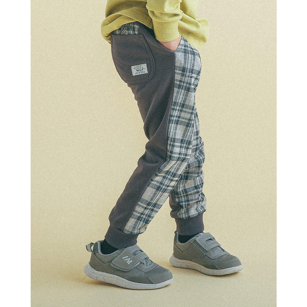 チェック × 無地 ポケット パッチ ロングパンツ (80~130cm) グレー系 100cm