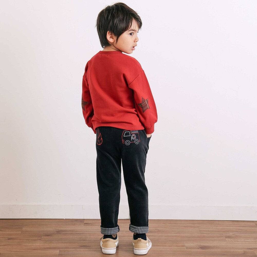 消防車恐竜おしりパッチ折り返し裾チェックロングパンツ(80~130cm) ブラック 80cm