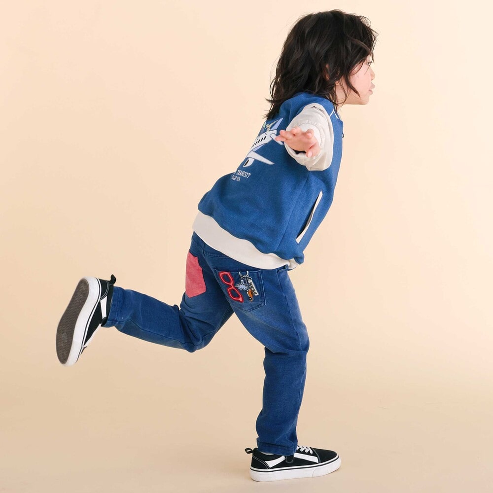 恐竜くるまキーチェーン刺しゅうデニムニットパンツ(80~130cm) ネイビー 80cm