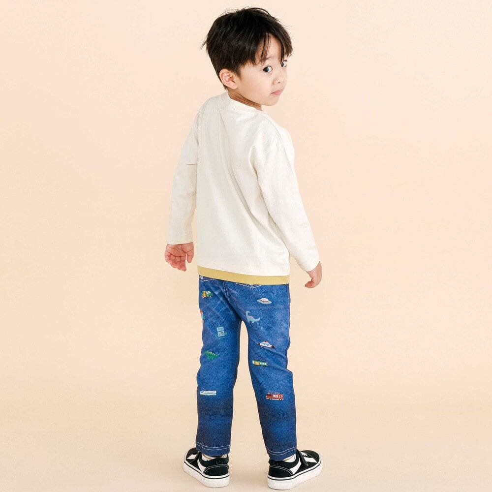 モチーフプリントパンツ(80~120cm) ネイビー系(くるま、恐竜) 80cm