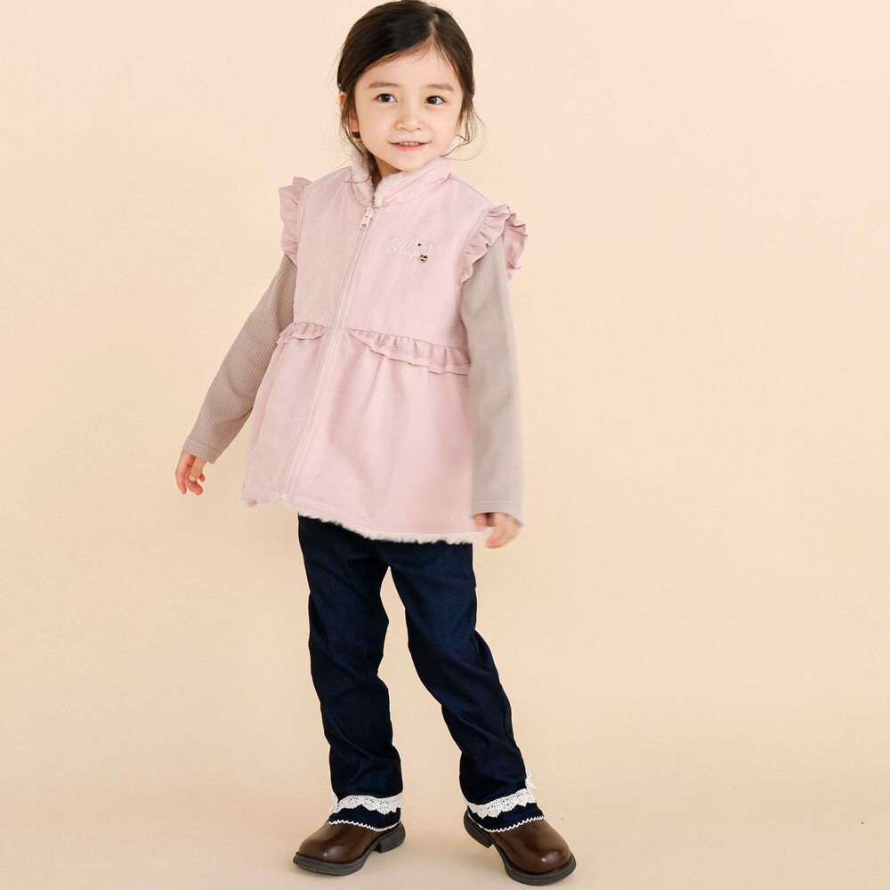 裾レース&リボンストレッチツイルロングパンツ(90~130cm) ネイビー 90cm
