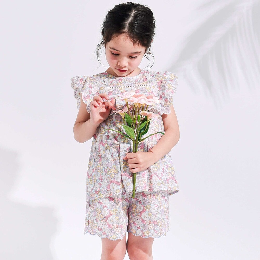 裾スカラップシャンブレー&花柄ショートパンツ(90~130cm) ピンク系 90cm