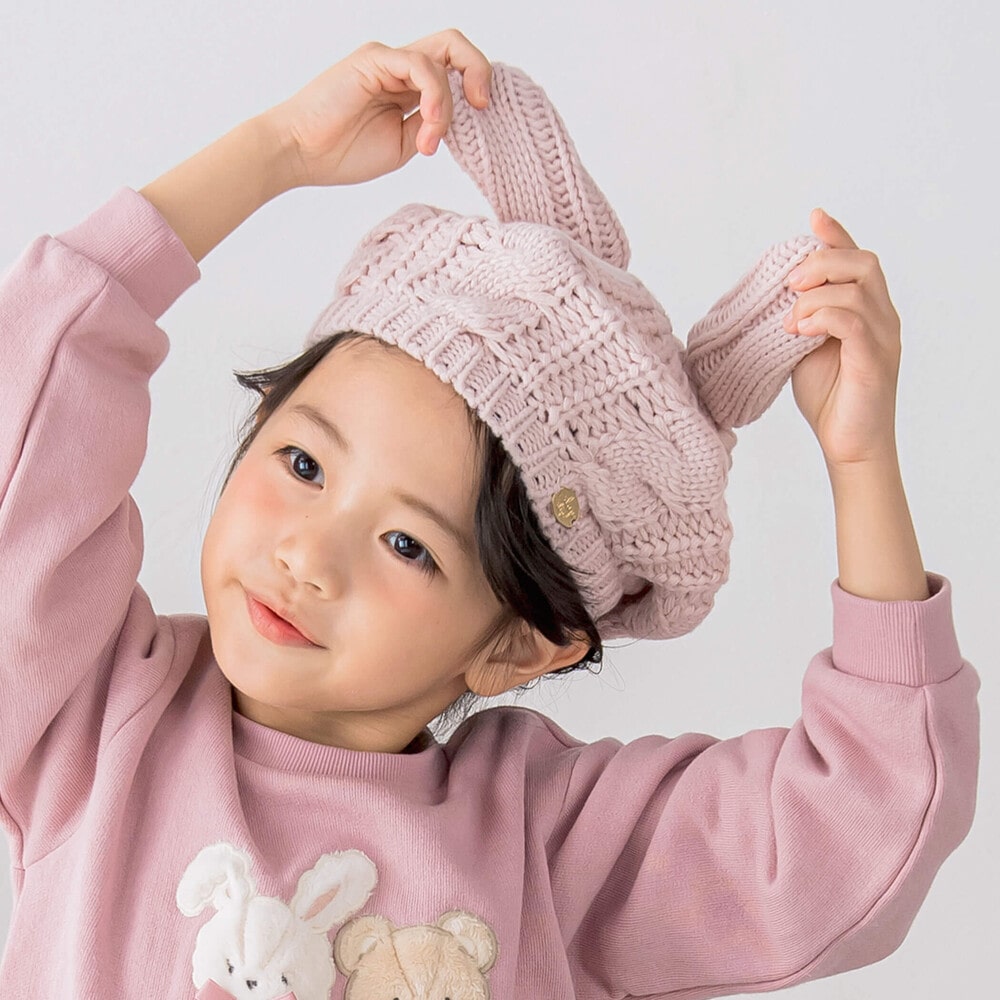 ウサミミネコミミケーブル編みニットベレー帽(48~55cm)(S(48-51cm