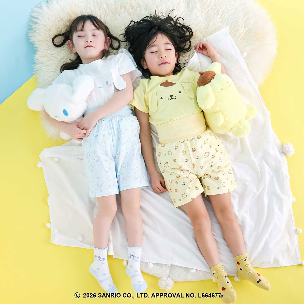 【シナモロール/ポムポムプリン×SLAPSLIP】耳付きモチーフ半袖パジャマ(90~130cm) オフホワイト 90cm