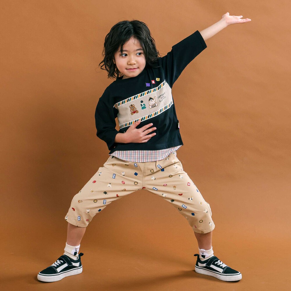 天竺シャンブレーチェック切り替え7分袖Tシャツ(80~130cm) ブラック 80cm