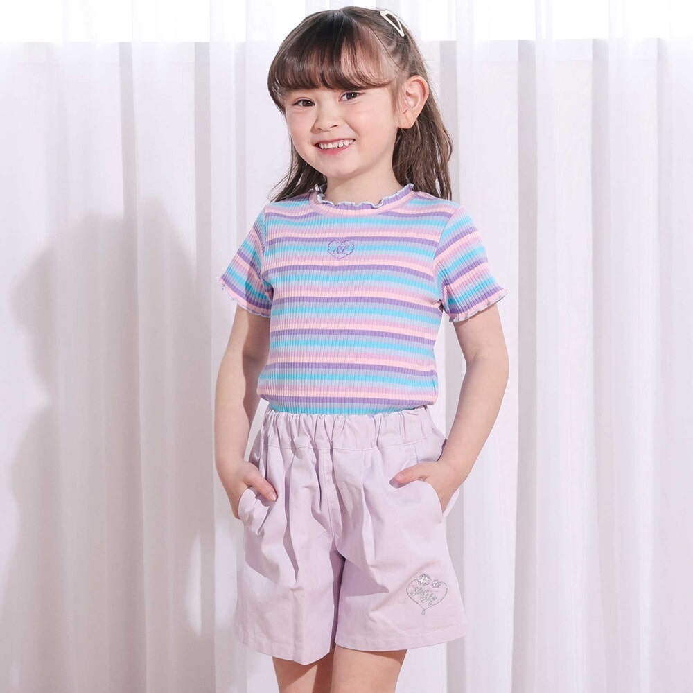 ボーダー&花柄テレコ半袖Tシャツ(80~130cm) パープル系 80cm