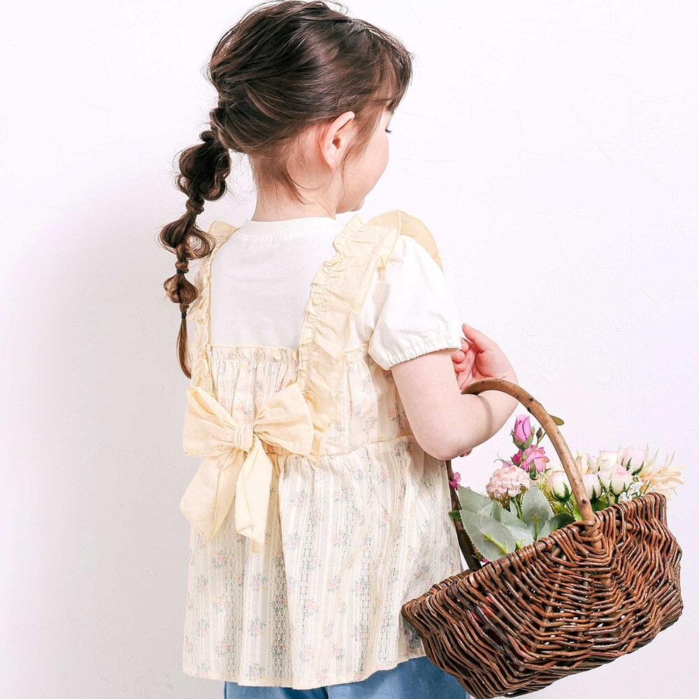 肩フリル花柄レースドッキング半袖Tシャツ(80~130cm) イエロー系 80cm