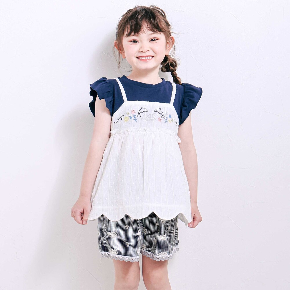 【お揃い】スカラップキャミストライプ&ドビー半袖Tシャツ(80~130cm) ネイビー 80cm