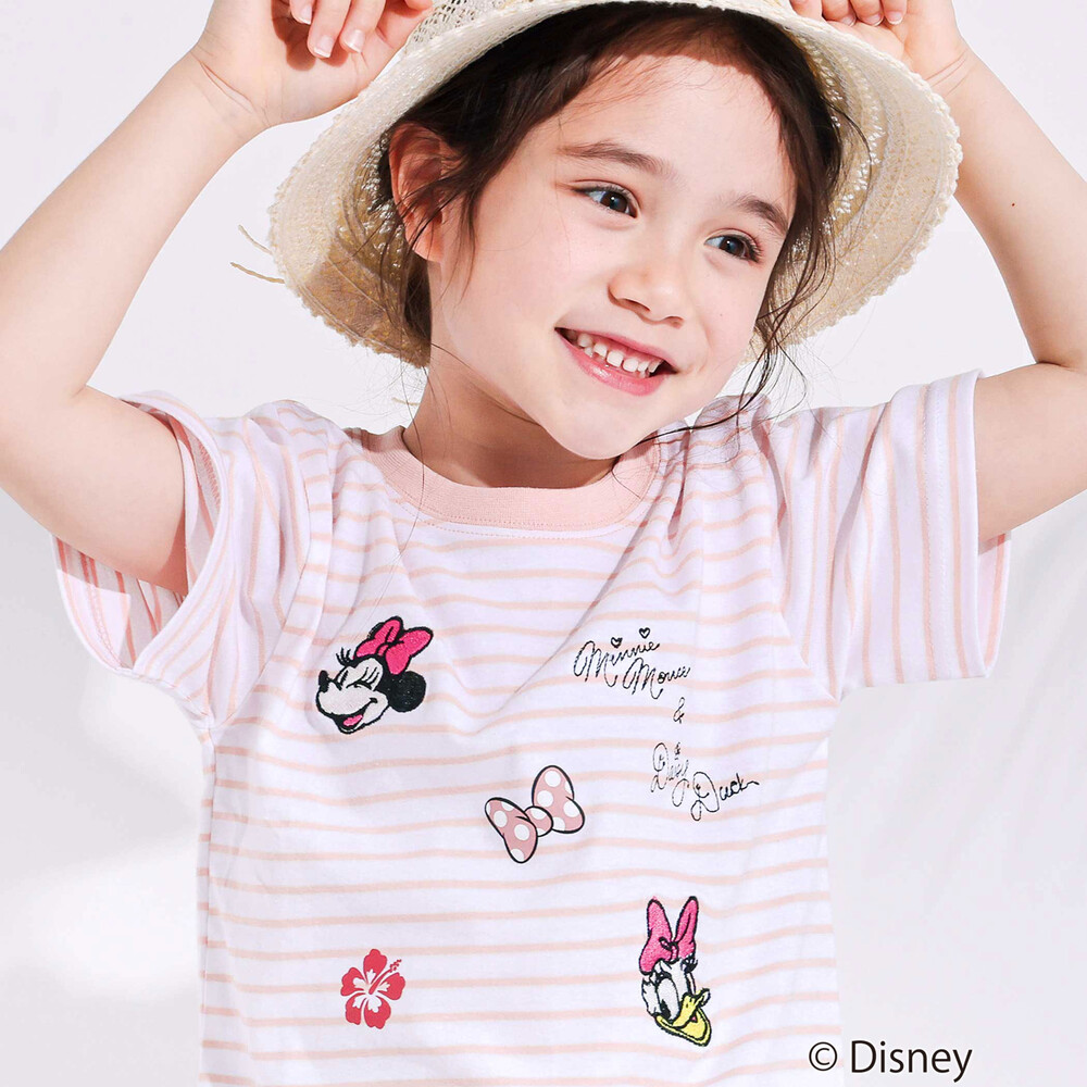 【ディズニーコレクション】キャラクター刺しゅうボーダー半袖Tシャツ(80~130cm) ピンク系 80cm
