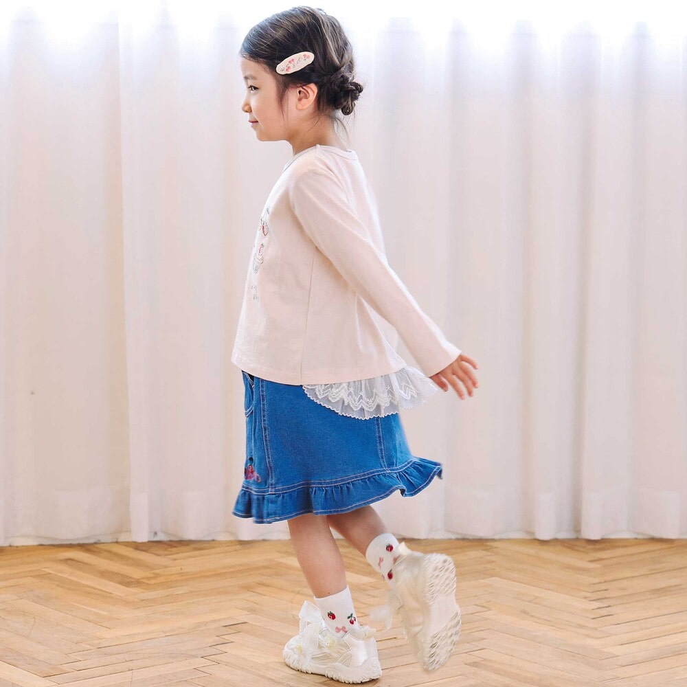 イチゴ刺しゅう裾フリル長袖Tシャツ(80~130cm) ピンク 80cm