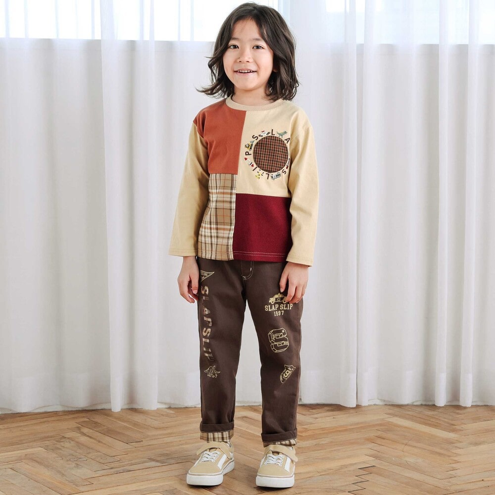 【お揃い】モチーフ刺しゅうチェック切り替え長袖Tシャツ(80~130cm) オフホワイト 80cm