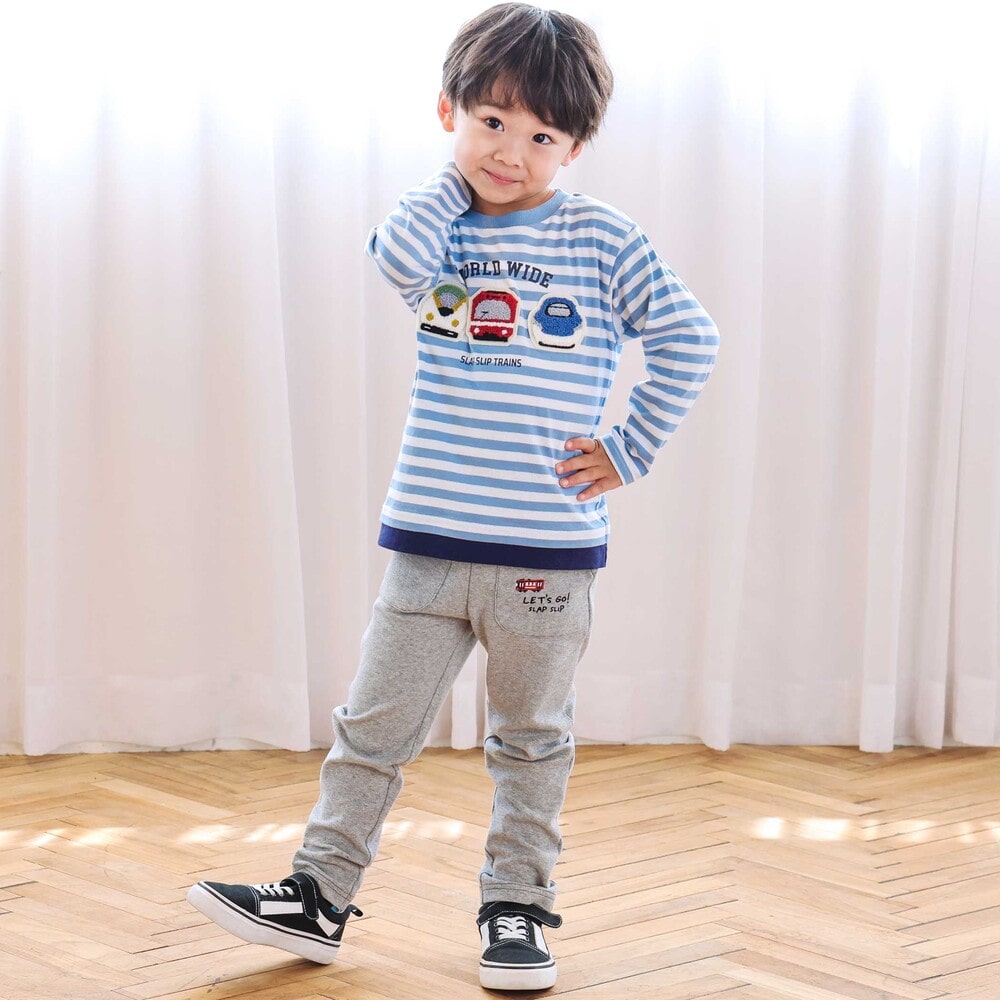 電車モチーフサガラ刺しゅうボーダー柄長袖Tシャツ(80~130cm) ブルー系 80cm