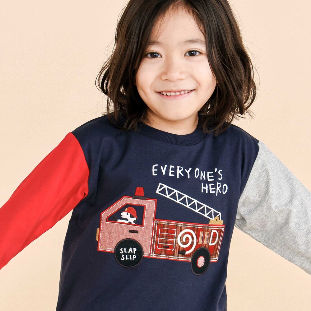 乗り物プリント袖切り替え長袖Tシャツ(80~130cm) ネイビー 80cm