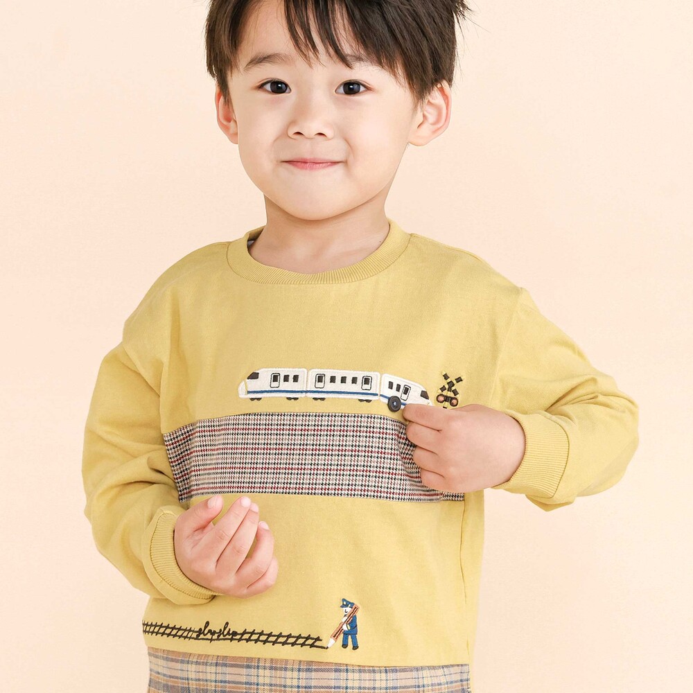 電車モチーフチェック切り替え長袖Tシャツ(80~130cm) イエロー 80cm