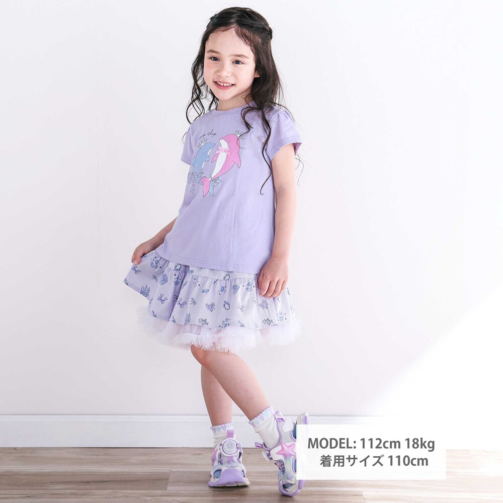 【スララク/吸汗速乾/接触冷感/オーガニックコットン】ときめき女の子半袖Tシャツ(80~130cm) コーラル×お花アイス×袖フレア 80cm