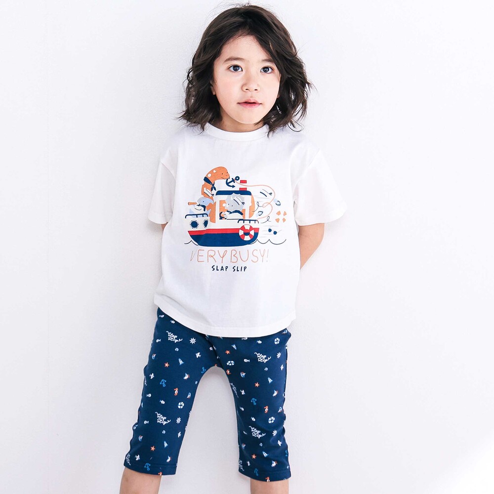 【スララク/吸汗速乾/接触冷感/オーガニックコットン】わくわく男の子半袖Tシャツ(80~130cm) ホワイト×恐竜の水兵さん 80cm