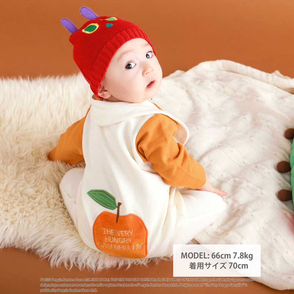 【絵本コラボ-はらぺこあおむし-】袖配色おしりパッチカバーオール(70~80cm) グリーン(リンゴ) 70cm