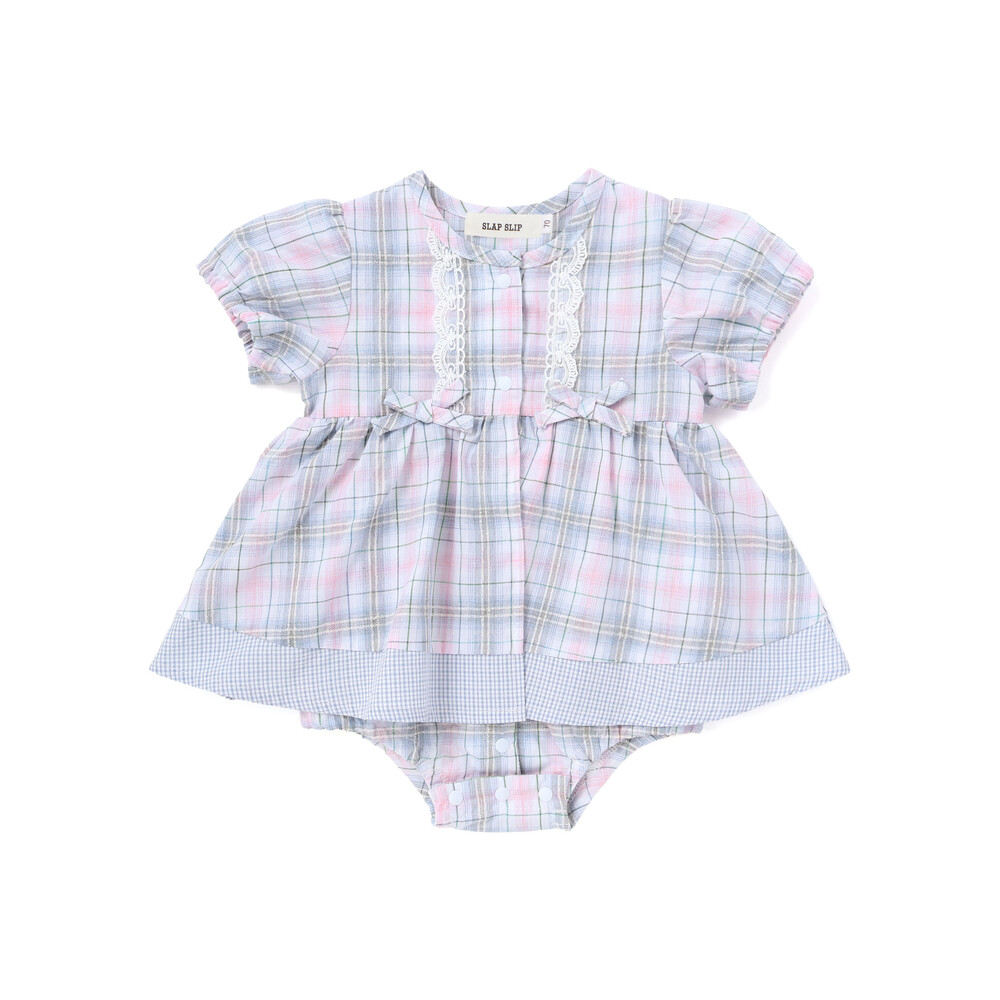 【お揃い】リボン付きマドラスチェックカバーオールベビー(70~80cm) ブルー系 70cm