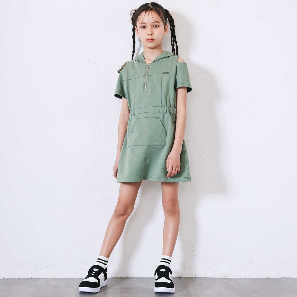 フルジップ肩あきフードワンピース(110~150cm) グリーン 110cm