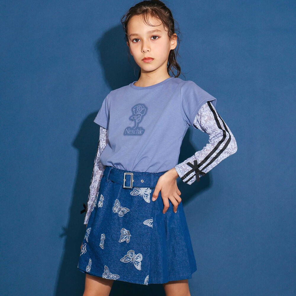 ニットレース長袖Tシャツ+半袖Tシャツセット(110~150cm) ブルー 110cm