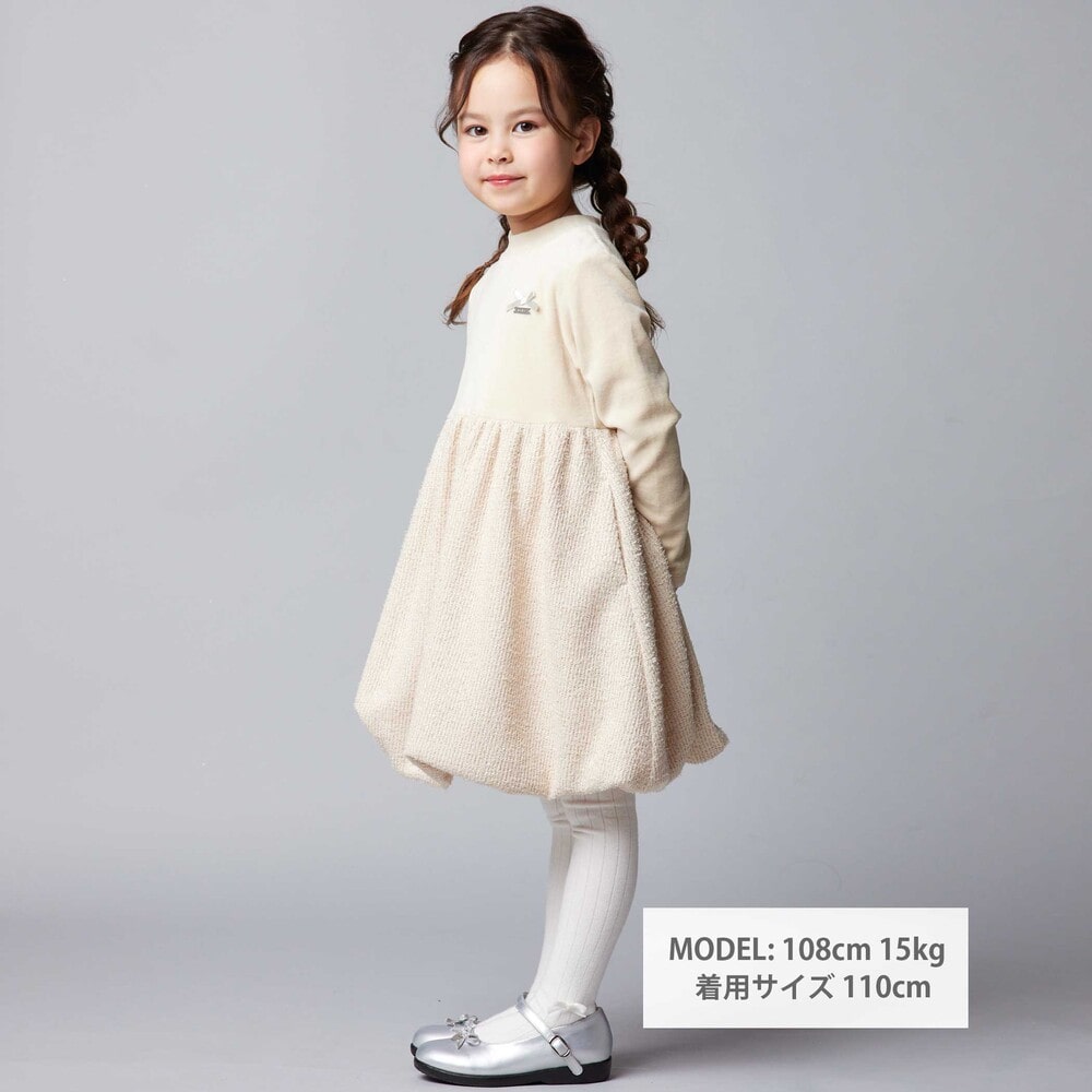 ベロア×ファンシーヤーン切り替えハイネックバルーンワンピース(90~140cm) ピンク 90cm