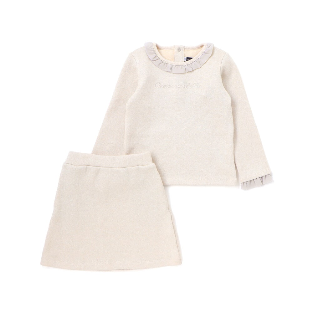 ラメニットフリルトップス+スカート セットアップ(100~140cm) ベージュ 100cm