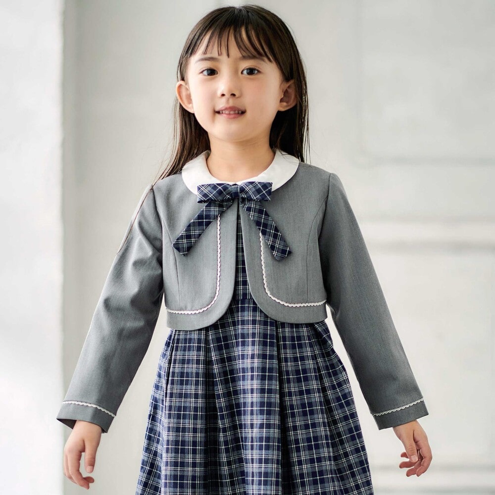 ボレロ+リボンタイ付きチェックワンピースセット(110~130cm) ネイビー系 110cm