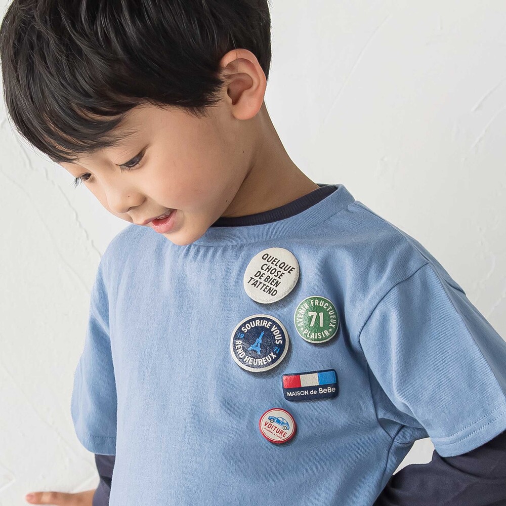 缶バッジ風立体プリント半袖Tシャツ+ロゴ長袖Tシャツ セット(90~160cm) ブルー 90cm