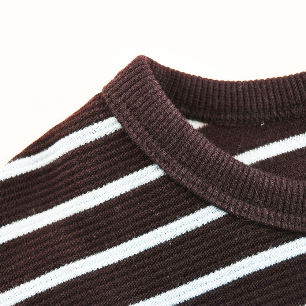 リボン付き 裾 タック リップル ボーダー 長袖 トレーナー (80cm~150cm) ブラウン系 90cm