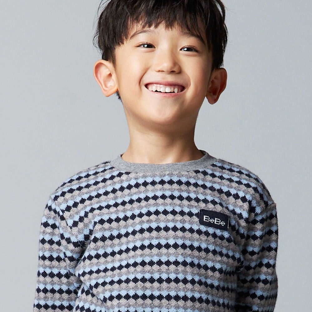 ダイヤMIXボーダーカットニットプルオーバー(90~150cm) ブルー系 90cm