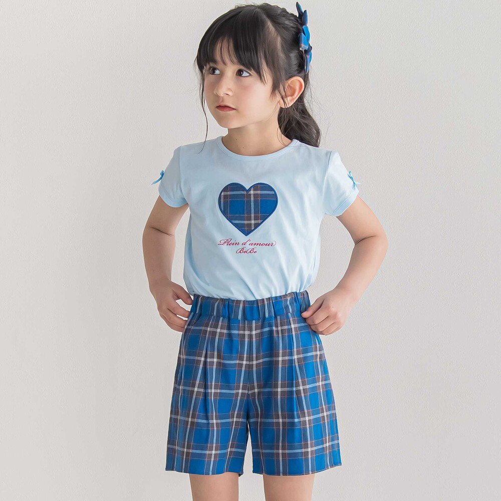 【お揃い】【神戸タータン×BeBe】チェックショートパンツ(90~160cm) ブルー系 90cm