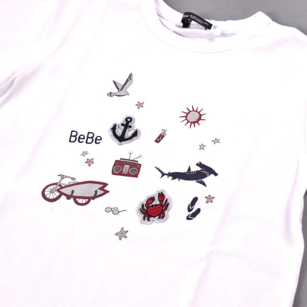 カモメ イカリ カニ サーフボード サングラス ビーチサンダル ヒトデ ラジオ サメ マリンモチーフTシャツ (80cm~14cm) ホワイト 100cm