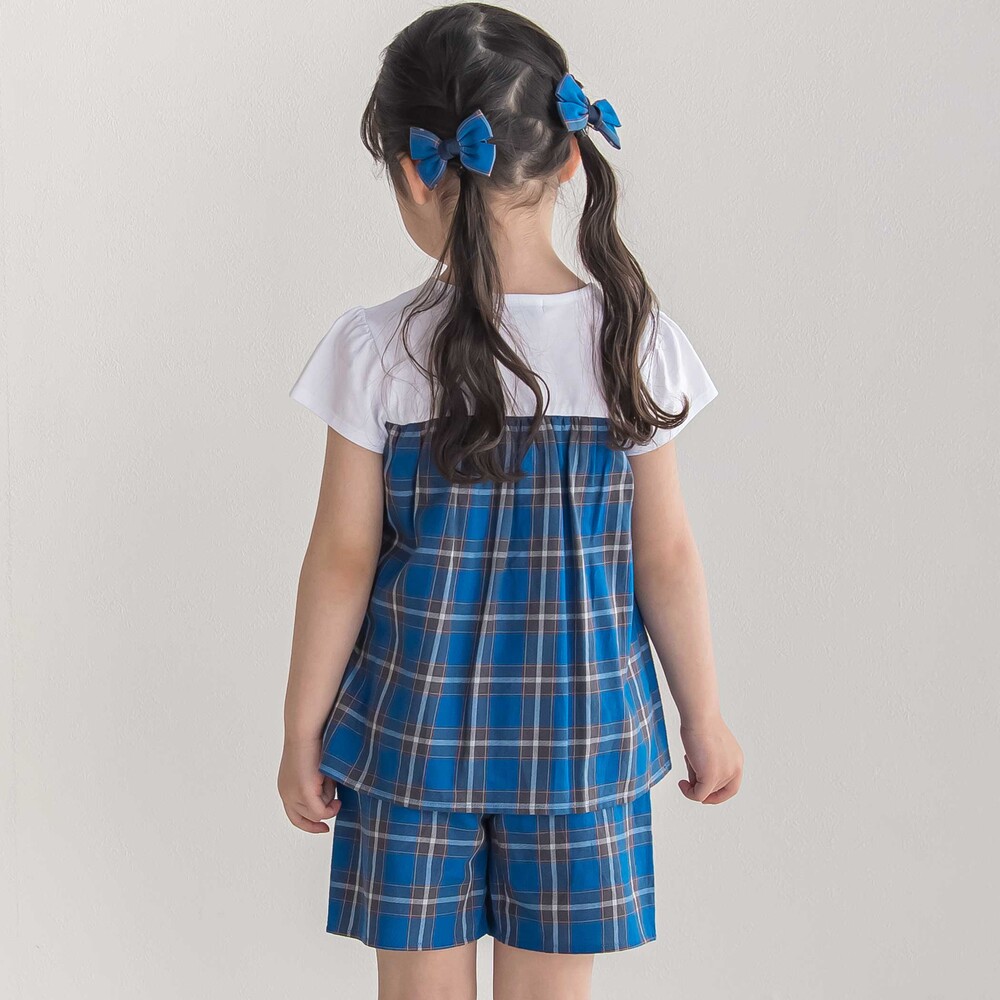 【お揃い】【神戸タータン×BeBe】チェックビスチェドッキング半袖Tシャツ(90~150cm) ブルー系 90cm